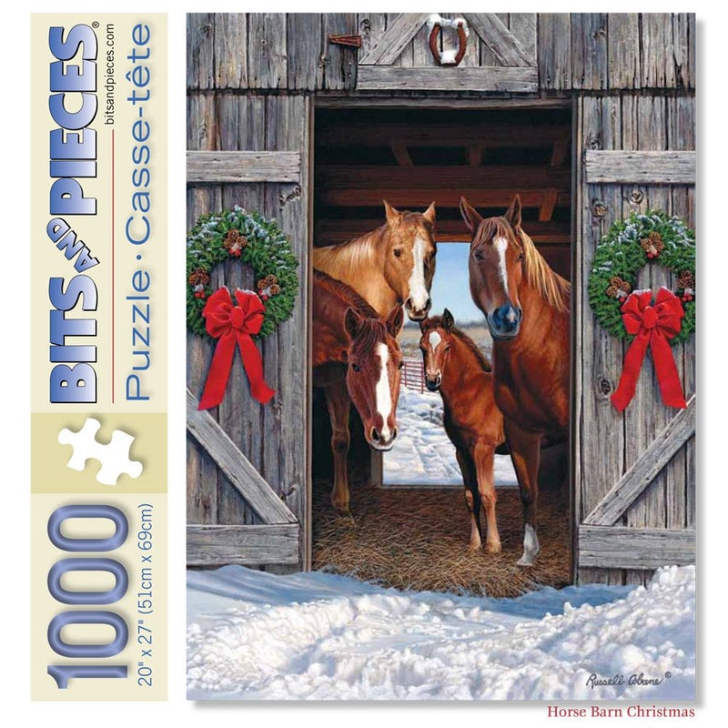 Bits and Pieces â€“ 1000 Piece Jigsaw Puzzle for Adults â€“ Horse Barn Christmas - Winter Holiday Scene Jigsaw Puzzle by Artist Russell Cobane, Completed Puzzle Size: 20" x 27" - Image 1